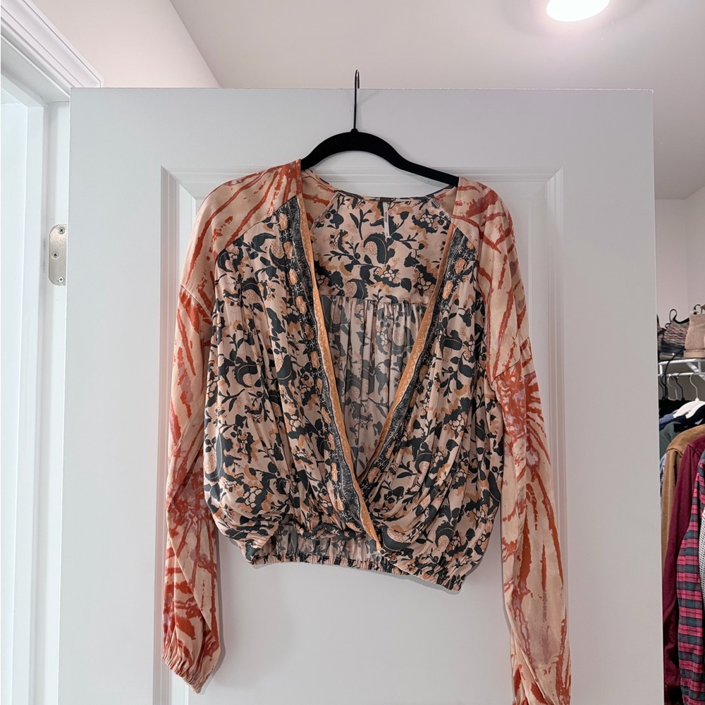 Free People Orange and Black Floral Blouse